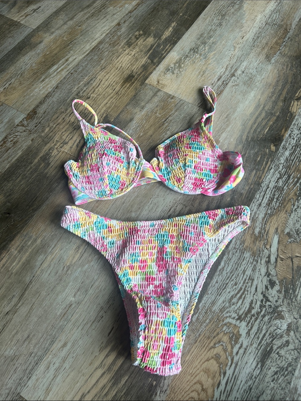 SHEIN Multicolor Smocked Bikini Set - Pink, Yellow, Blue